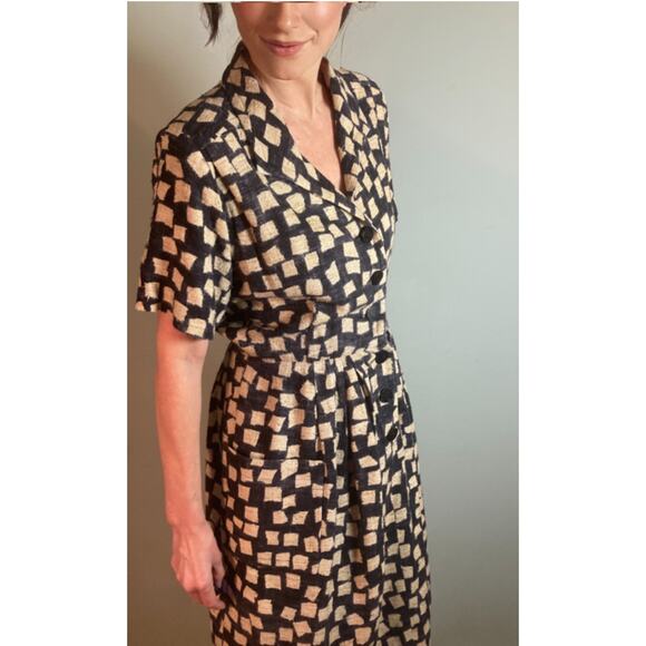 Yves Saint Laurent Rive Gauche Vintage 70s/80s Linen Print Dress Sz 44 - Picture 5 of 8